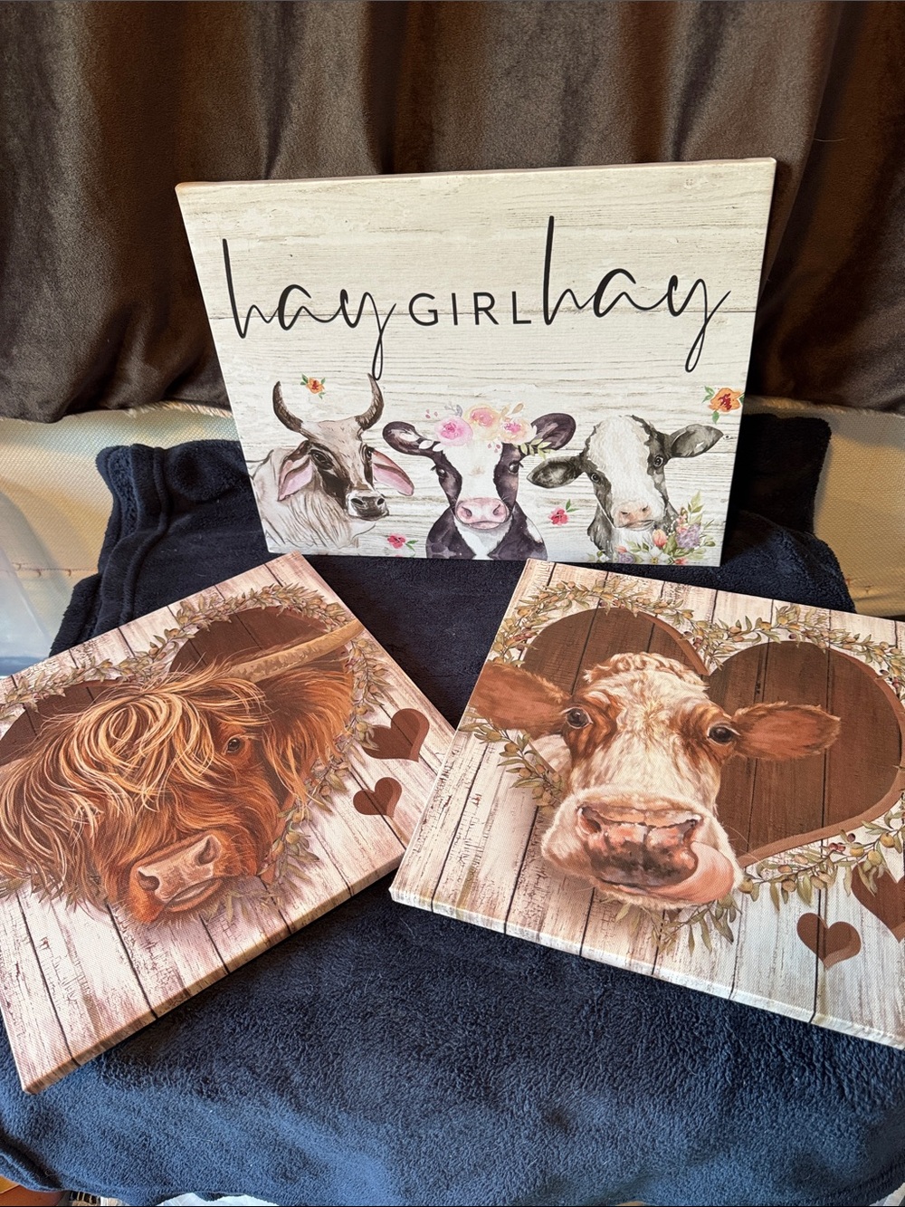 Farmhouse Cow Wall Art Set - White, Brown & Tan